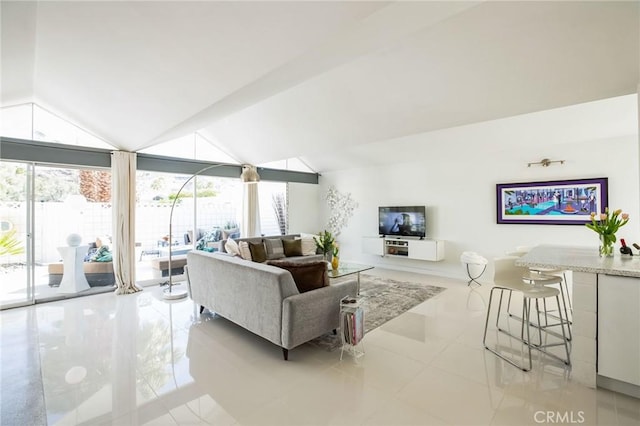 living room with lofted ceiling, tile patterned flooring, and a wealth of natural light