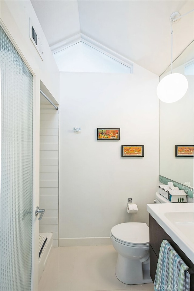 bathroom featuring lofted ceiling, toilet, vanity, baseboards, and visible vents