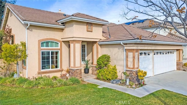 mediterranean / spanish-style house featuring a garage, stone siding, and a tiled roof