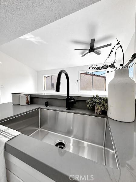 details with a ceiling fan and a sink