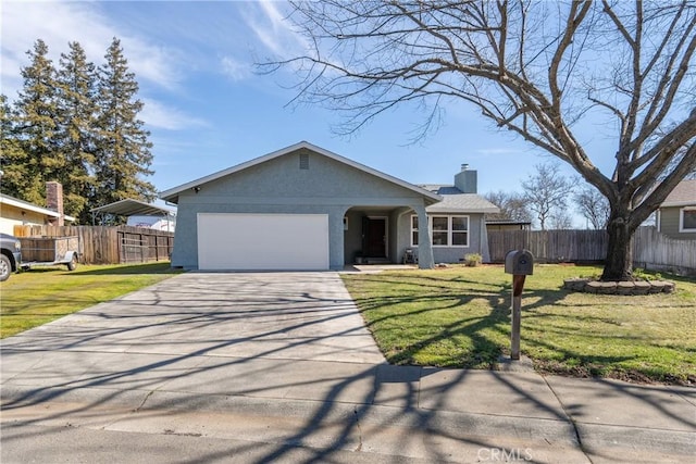 ranch-style home featuring stucco siding, concrete driveway, an attached garage, a front yard, and fence