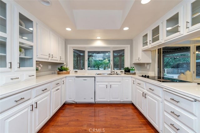 kitchen featuring dishwasher, glass insert cabinets, light countertops, white cabinetry, and a sink