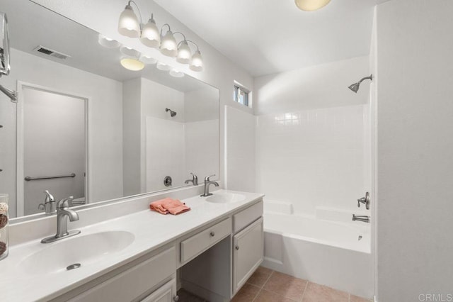 bathroom featuring double vanity, visible vents, a sink, and tile patterned floors