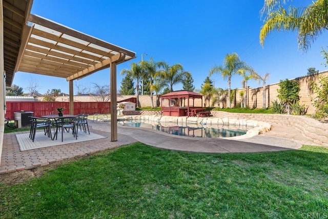 view of yard featuring a patio, central AC unit, a fenced backyard, a gazebo, and a pergola