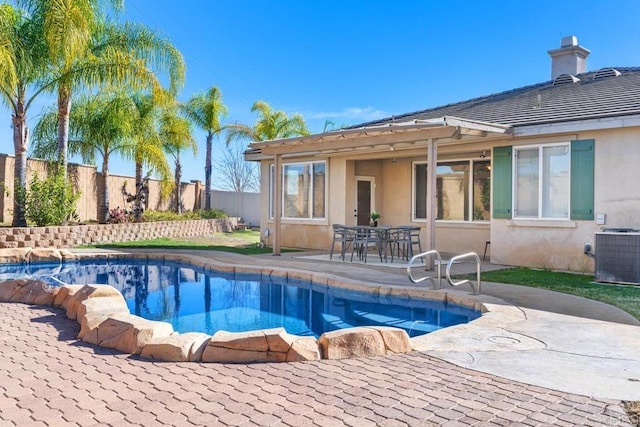 view of pool featuring a fenced in pool, a fenced backyard, a patio, and central air condition unit