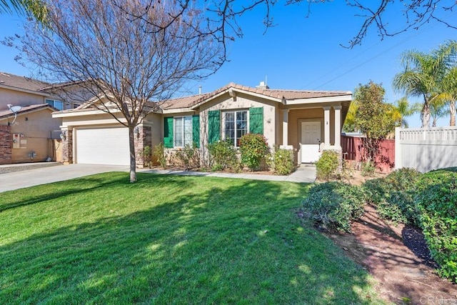 single story home featuring a tile roof, stucco siding, an attached garage, fence, and driveway