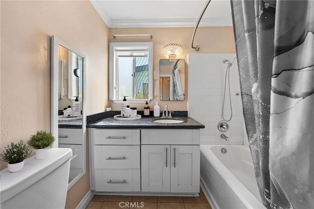 full bath featuring ornamental molding, tile patterned flooring, vanity, and shower / tub combo with curtain