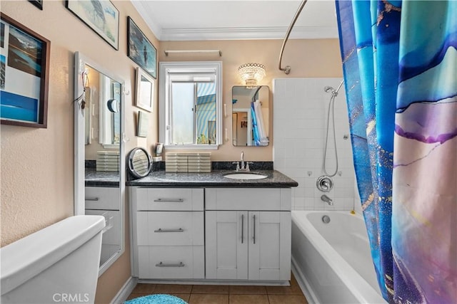 full bathroom featuring toilet, ornamental molding, tile patterned flooring, shower / bath combo with shower curtain, and vanity