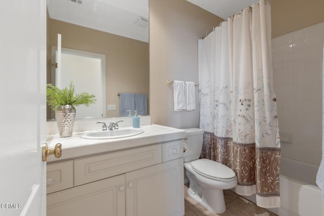 full bathroom featuring shower / tub combo with curtain, visible vents, toilet, vanity, and tile patterned floors