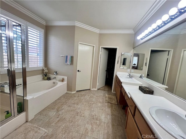 bathroom featuring a bath, crown molding, double vanity, and a sink