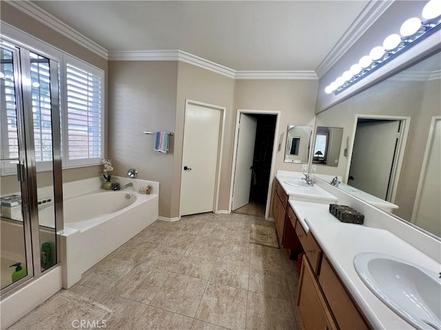30659 Lajoe St, Menifee, CA 92584 - full bath featuring crown molding, a garden tub, double vanity, a stall shower, and tile patterned floors