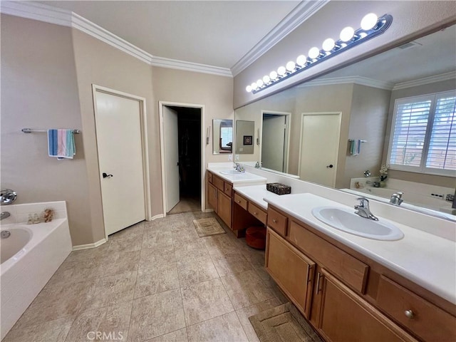 30659 Lajoe St, Menifee, CA 92584 - bathroom with double vanity, ornamental molding, a bath, baseboards, and tile patterned flooring