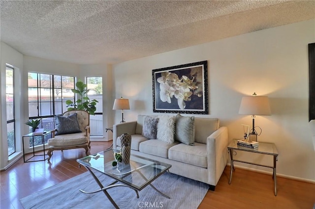 living room featuring a textured ceiling, baseboards, and wood finished floors