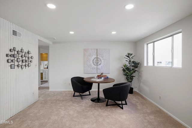 dining area with recessed lighting, light carpet, visible vents, and baseboards