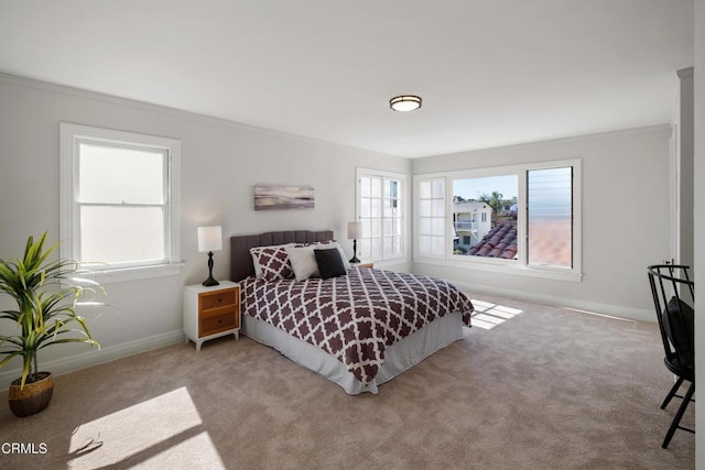 bedroom featuring baseboards, carpet flooring, and ornamental molding