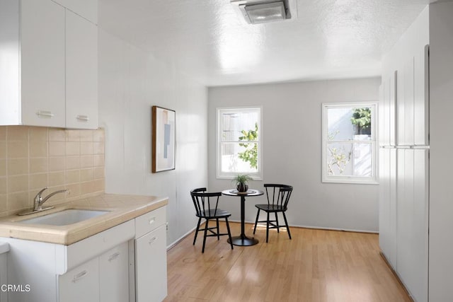 kitchen with light countertops, tasteful backsplash, a sink, and white cabinetry