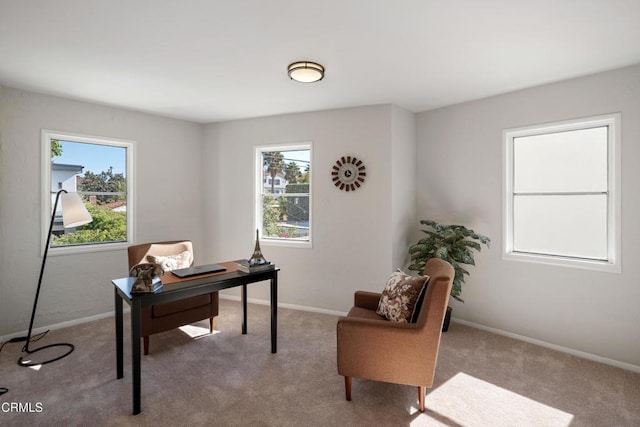 carpeted office featuring baseboards