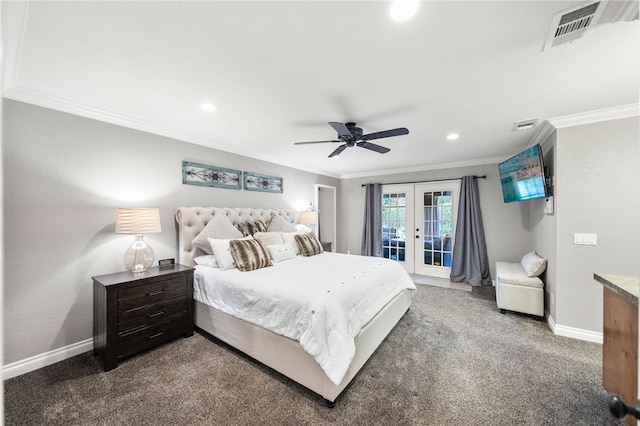 carpeted bedroom featuring visible vents, ornamental molding, french doors, baseboards, and access to exterior