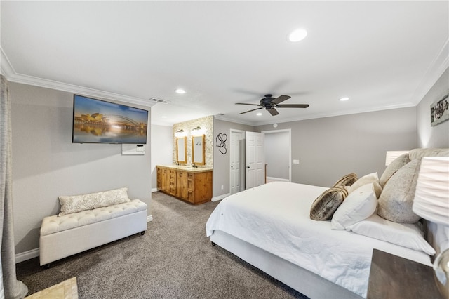 carpeted bedroom with recessed lighting, visible vents, baseboards, and crown molding