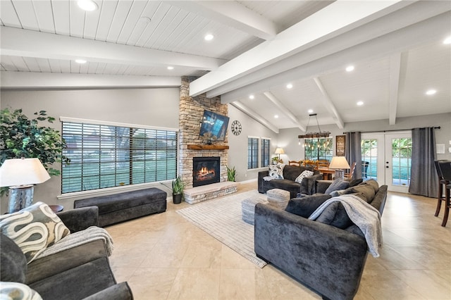 tiled living area featuring recessed lighting, french doors, a fireplace, and vaulted ceiling with beams