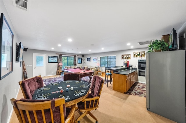 dining space with pool table, recessed lighting, visible vents, and light carpet