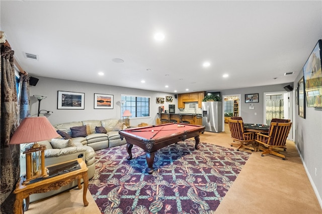 game room with visible vents, light carpet, billiards, recessed lighting, and baseboards