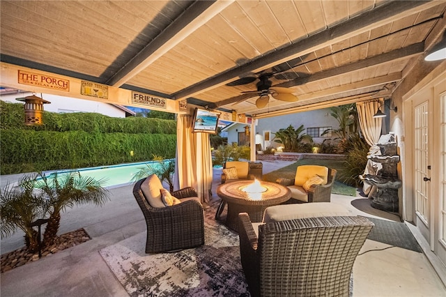 view of patio / terrace with an outdoor pool, french doors, a ceiling fan, and an outdoor fire pit