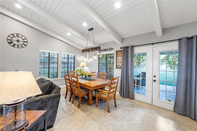 26280 Thacker Dr, Hemet, CA 92544 - dining area featuring lofted ceiling with beams, recessed lighting, french doors, and plenty of natural light