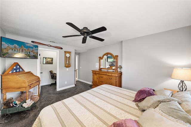 bedroom featuring visible vents, ceiling fan, baseboards, and dark colored carpet