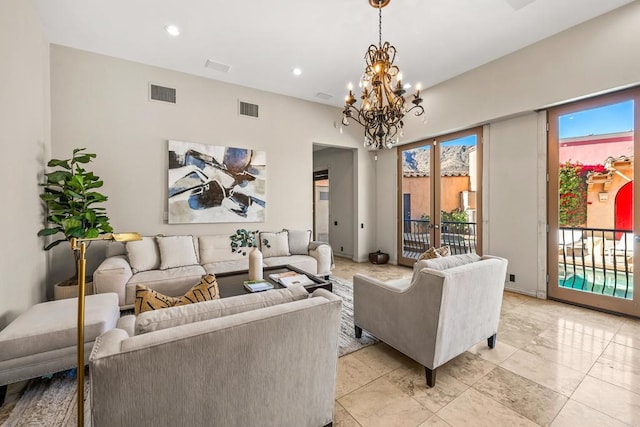 living area with visible vents, a chandelier, french doors, and recessed lighting