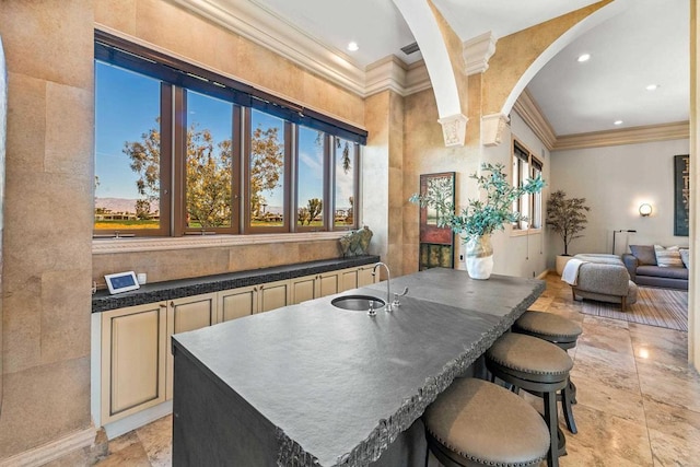 kitchen with dark countertops, a healthy amount of sunlight, ornamental molding, and a sink