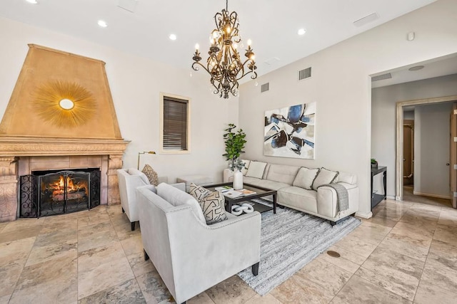 living area with baseboards, a fireplace, visible vents, and recessed lighting