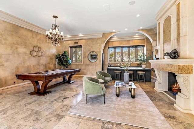 playroom with recessed lighting, a premium fireplace, crown molding, and pool table