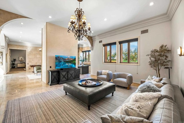 living room with arched walkways, recessed lighting, visible vents, ornamental molding, and a chandelier