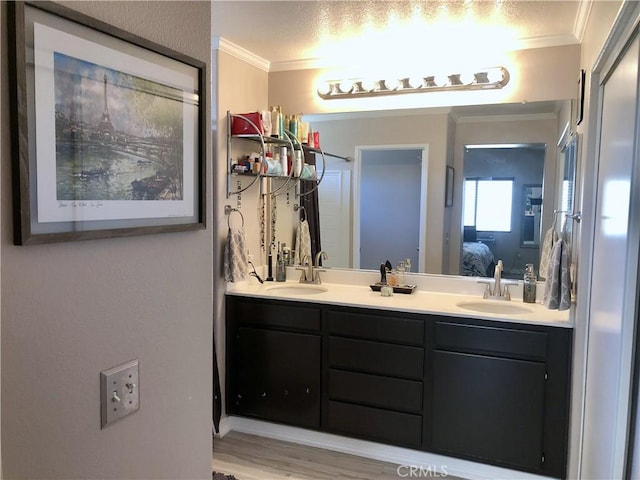 full bathroom with ensuite bathroom, double vanity, ornamental molding, and a sink