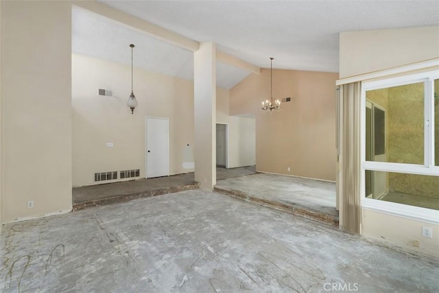 unfurnished room featuring high vaulted ceiling, visible vents, a notable chandelier, and beamed ceiling