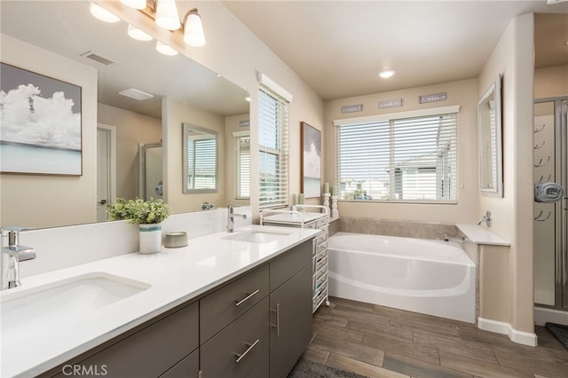 bathroom featuring a wealth of natural light, a garden tub, a sink, and visible vents