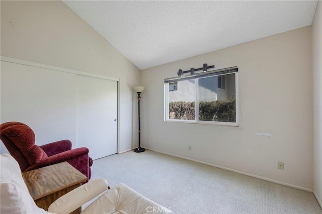 sitting room featuring carpet floors, baseboards, a textured ceiling, and lofted ceiling