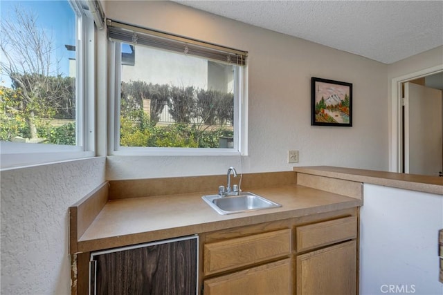 kitchen featuring a textured ceiling, light countertops, and a sink