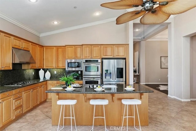 kitchen with under cabinet range hood, stainless steel appliances, ornamental molding, an island with sink, and dark stone countertops