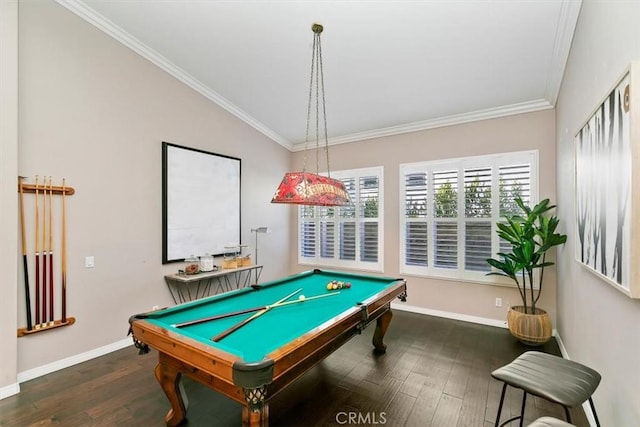 rec room with baseboards, dark wood finished floors, and crown molding