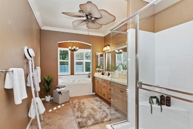 full bath with a bath, tile patterned floors, vanity, and crown molding