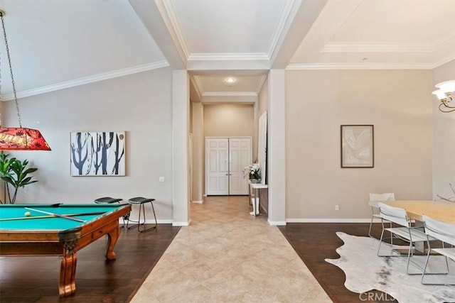 playroom featuring billiards, ornamental molding, wood finished floors, and baseboards