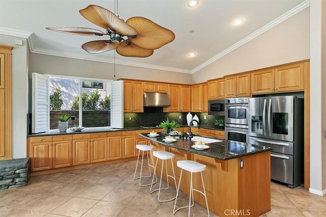 kitchen featuring ornamental molding, a kitchen island with sink, stainless steel appliances, under cabinet range hood, and a sink