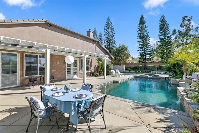 view of swimming pool with a fenced in pool, exterior bar, an in ground hot tub, a patio area, and a pergola