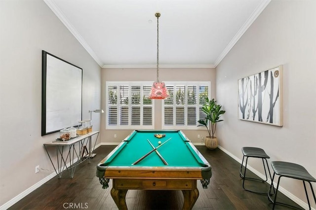 playroom with dark wood-style floors, billiards, baseboards, and crown molding