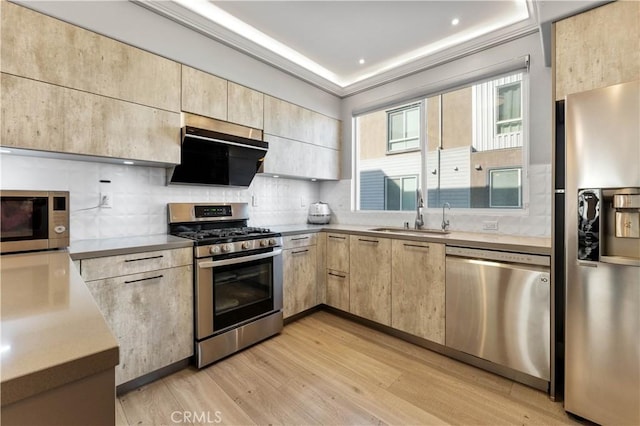 kitchen featuring a sink, appliances with stainless steel finishes, ornamental molding, light brown cabinetry, and light wood finished floors