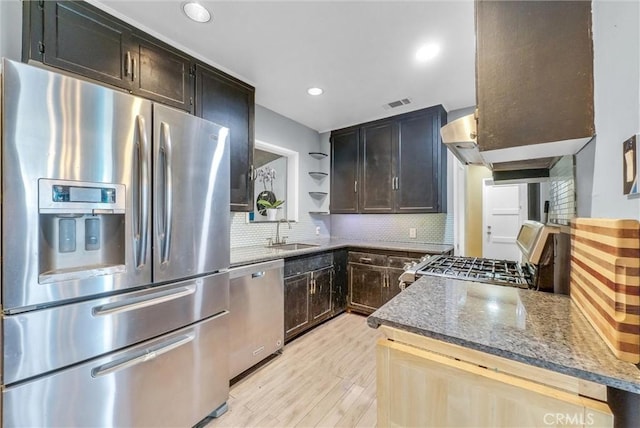 kitchen featuring light wood-style flooring, appliances with stainless steel finishes, a sink, open shelves, and backsplash