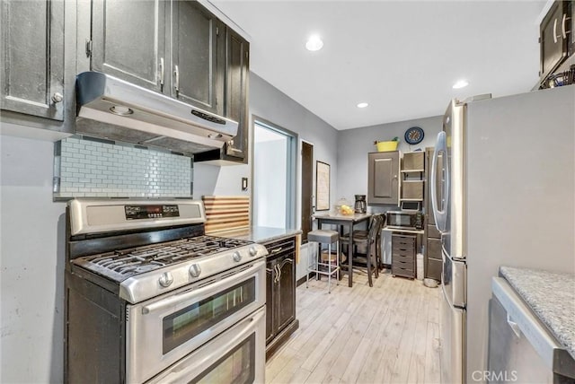 kitchen with light wood finished floors, decorative backsplash, appliances with stainless steel finishes, light countertops, and under cabinet range hood