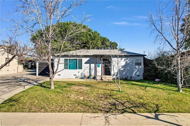 single story home with a carport, a front yard, and crawl space